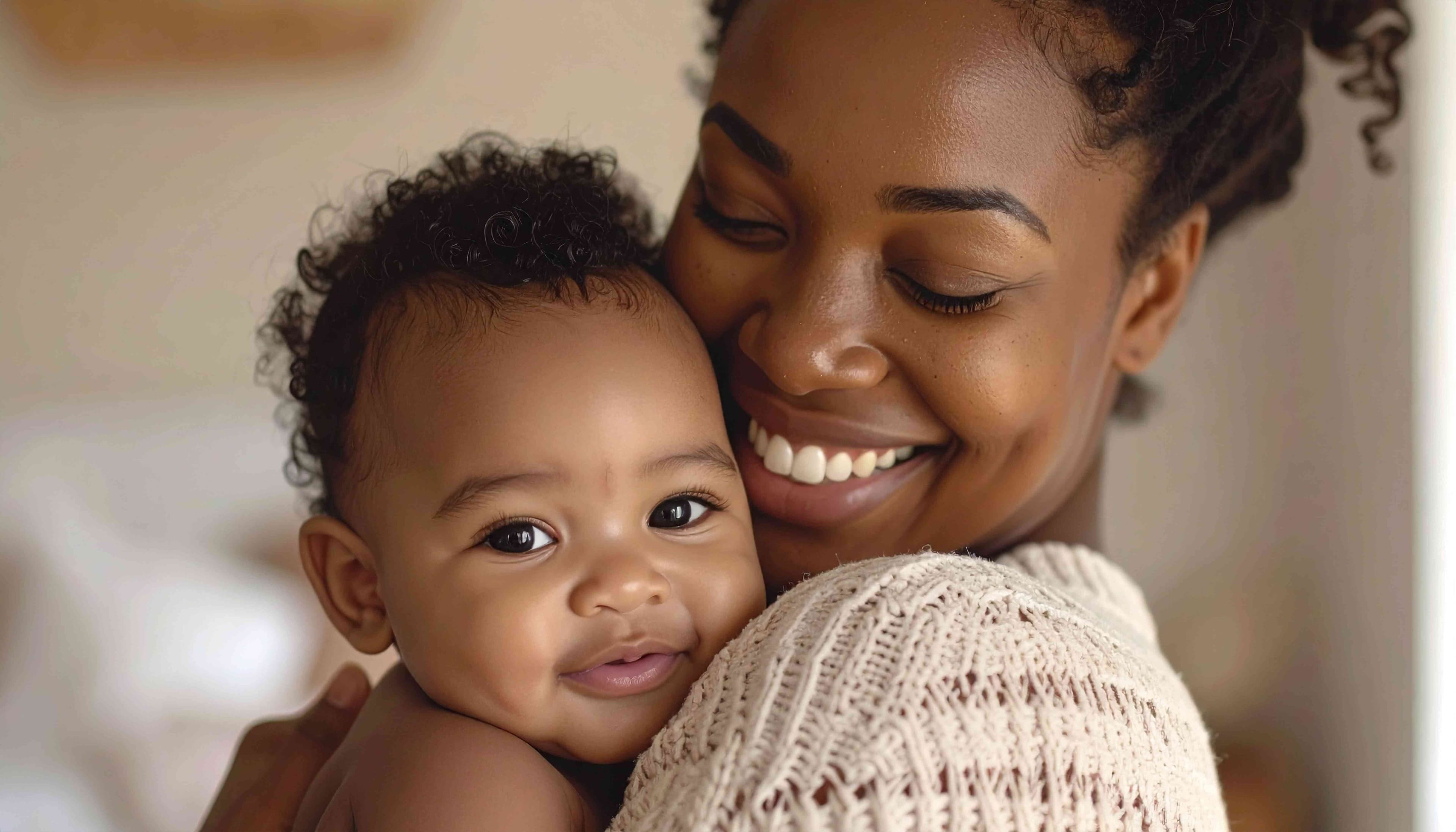 A pregnant woman smiling while holding her belly.